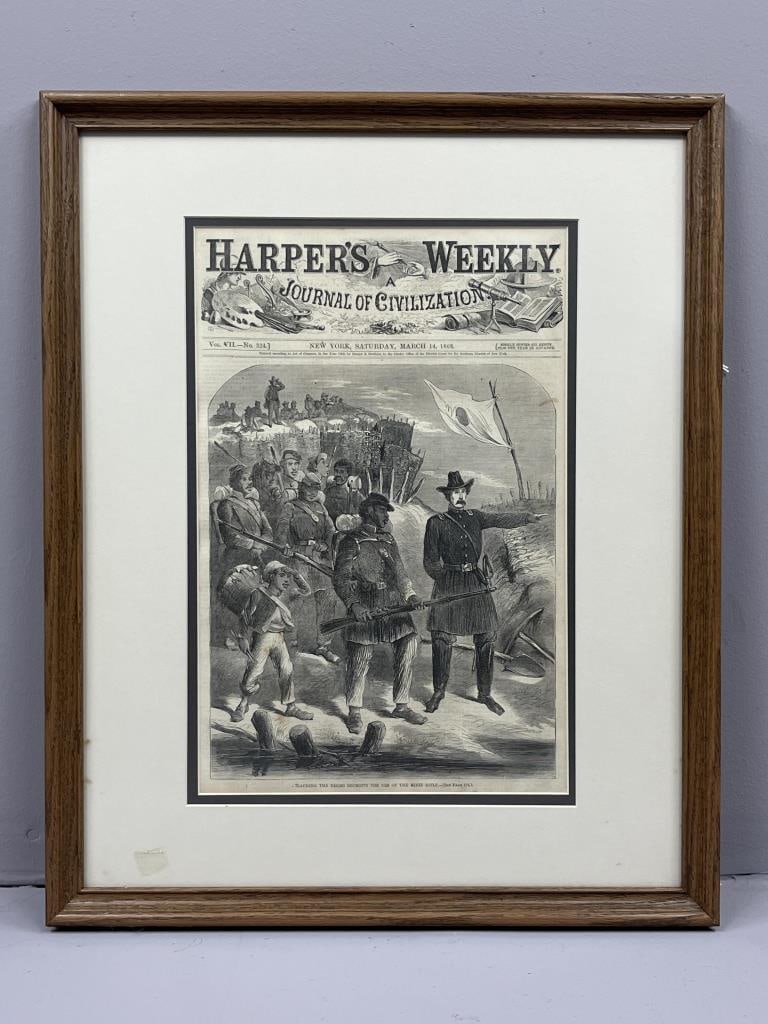 Framed Harper's Weekly-March 14, 1863: Framed Harper's Weekly "Teaching The Negro Recruits The Use Of The Mini Rifle" - measures 17.5" x 21.5".
