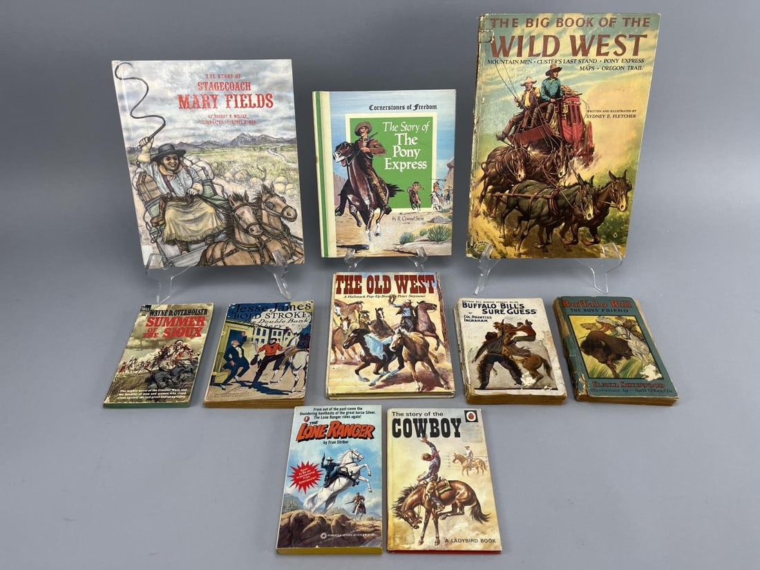 Children Books Cowboys The West Stagecoach: Ten children's books, "Buffalo Bill; The Boys Friend," "The Lone Ranger," "Jesse James; Bold Stroke or The Double Robbery," "The Story of Stagecoach Mary Fields," "The Story of the Pony Express," and 