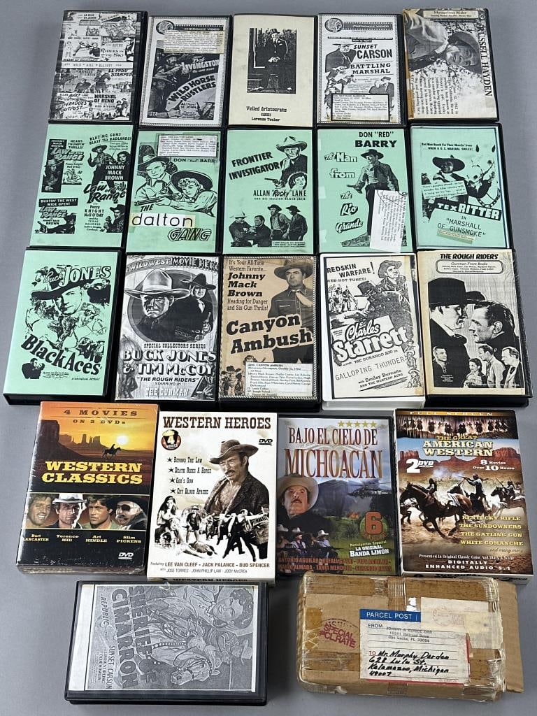 Western & Cowboys DVDs & VHS Tapes: Collection of DVDs and VHS tapes, including: "Beyond the Law," "Bells of San Angelo," "The Gunfighters," "The Guns and the Pulpit," and many more. The VHS tapes all appear to be homemade copies and ar