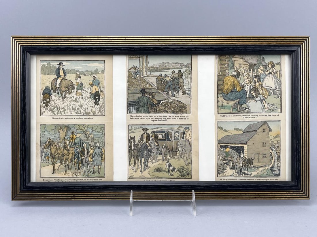 Childrens Book Black American History Drawings: Vintage cartoons with references to slavery, cotton farming and picking, framed and measures 17.75" x 9.75".