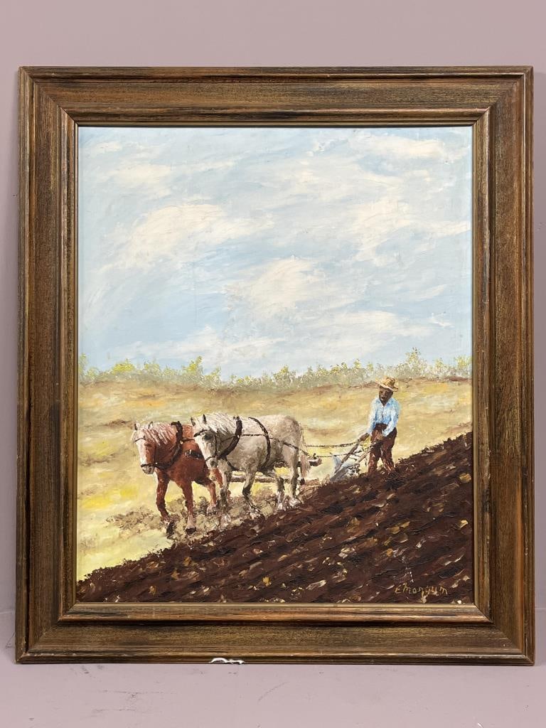 Original Framed Painting of Black Farmer: Framed oil painting on board, depicting a Black farmer plowing a field with a team of horses, signed lower right, 25" x 29".