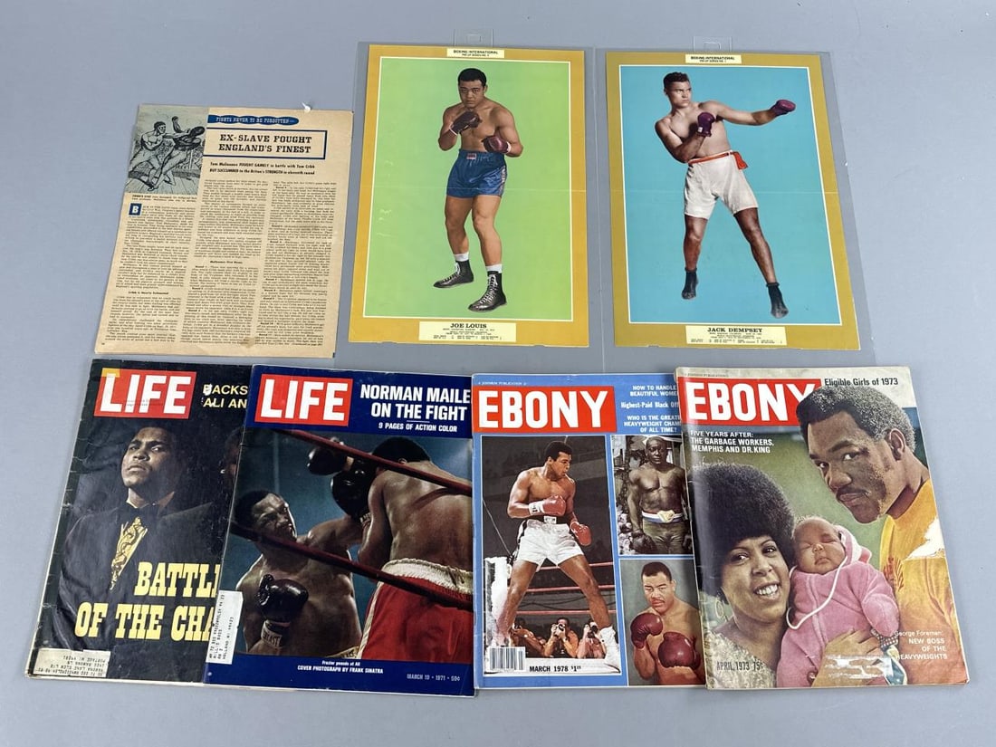 1970's Ebony & Life Boxing Issues & 1960s Pinups: Ebony April 1973: George Foreman, Ebony March, 1978: Ali, Jack Johnson & Joe Louis, "Who is the greatest heavyweight champion of all time?", Life Magazine, March5, 1971: Ali & Frazier, "Battle of the