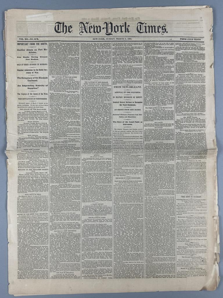 1863 N.Y. Times Paper w/ F. Douglass Article: New York Times, Sunday, March 8, 1863, with Frederick Douglass article, "Men of Color To Arms"