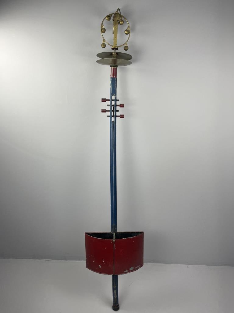 Vintage One Man Band Musical Instrument: Vintage One Man Band Musical Instrument, called Pogo Cello, Jingling Johnny, or Stomp Bass, Made for 1927 Polka Festival in Baltimore, Maryland, 75" one string bass with metal resonator, Cymbals, and