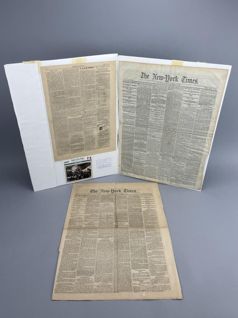 Two Original New York Times 1864 & 1865: Civil War New York Times newspapers, from December 13, 1864, Black soldiers in Civil War, with headline "Ft Pillow Massacre Won By Negro Troops", and March 19, 1865, with headline "Organization of Col