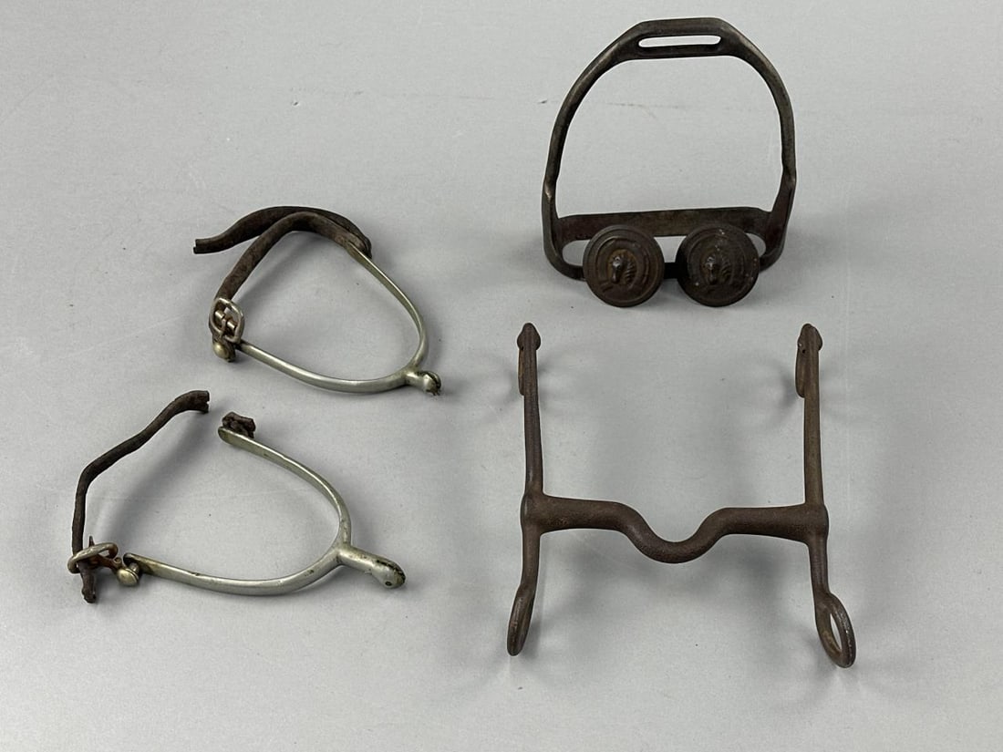 Vintage Bridle Rosettes/Spurs/Bit/Stirrup: Vintage bridle rosettes - matching set that measures 1.75", U.S. stamped stirrup (WW1 era), U.S. stamped bit (WW1 era) and set of vintage stirrups (leather strap is broke on one due to age).