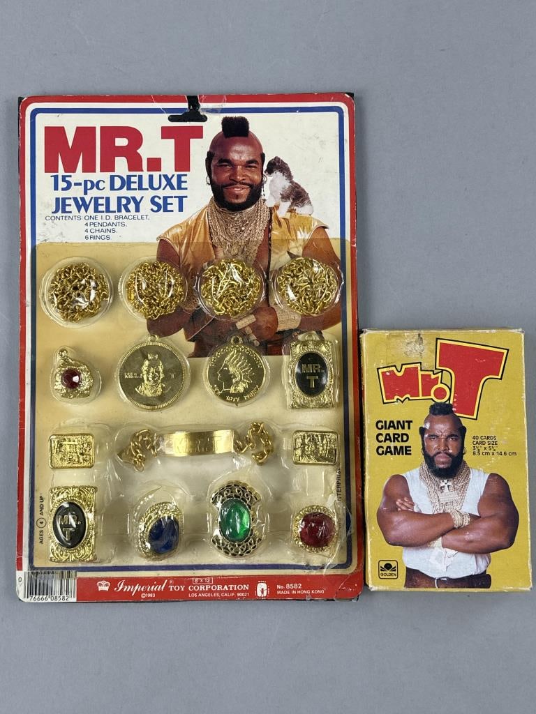 Mr. T 15 Pc. Deluxe Jewelry Set, & Mr. T Card Game: Mr. T 15 piece deluxe jewelry set sealed in packaging, Mr. T Giant Card Game, complete in box with all 40 cards.