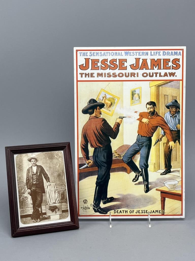 Death of Jesse James Metal Sign: The Sensational Western Life Drama Jesse James The Missouri Outlaw, Death of Jesse James 16-1/4" H x 10-1/2" W. John W. Hardin picture postcard, frame 8-1/4" H x 6" W.