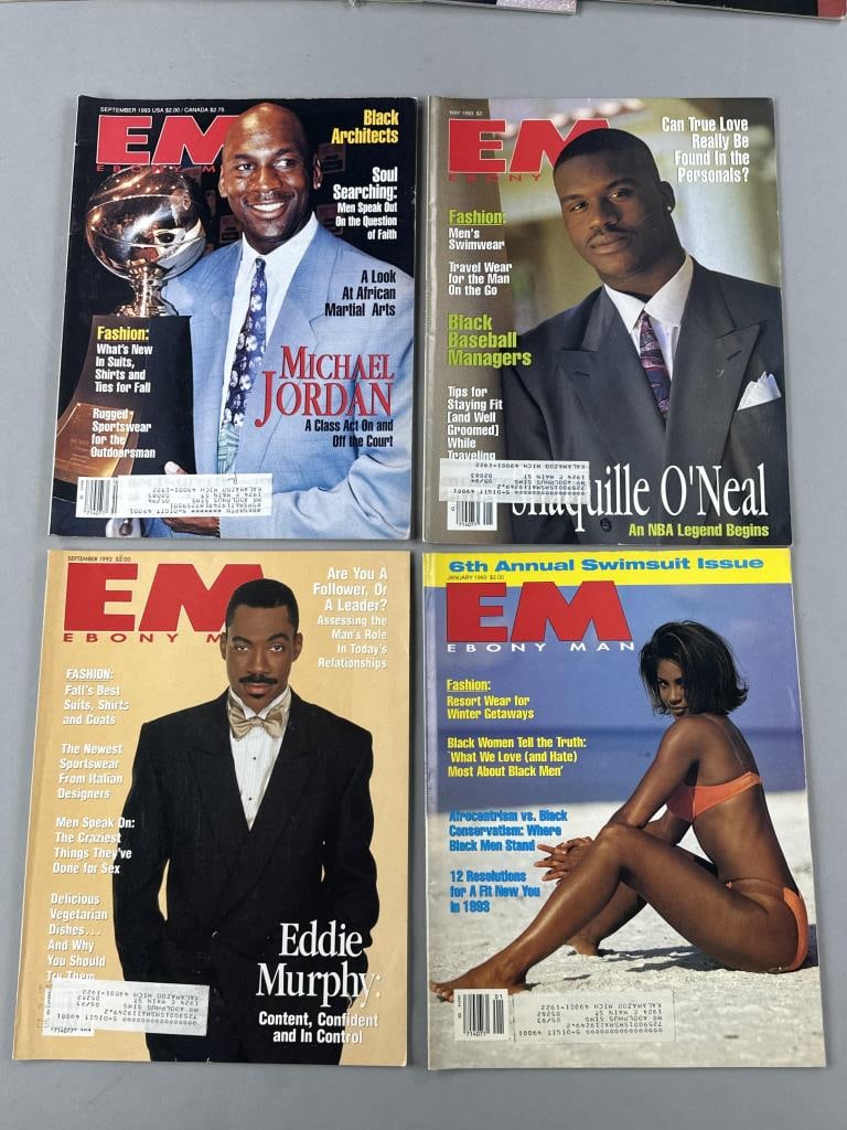 16 Ebony Man Magazines 1990s: Collection of EM or Ebony Man magazines, from the early 1990s, used as research source material, covering many subject areas such as relationships, sex, health, fashion, travel, work, sports, cars, an