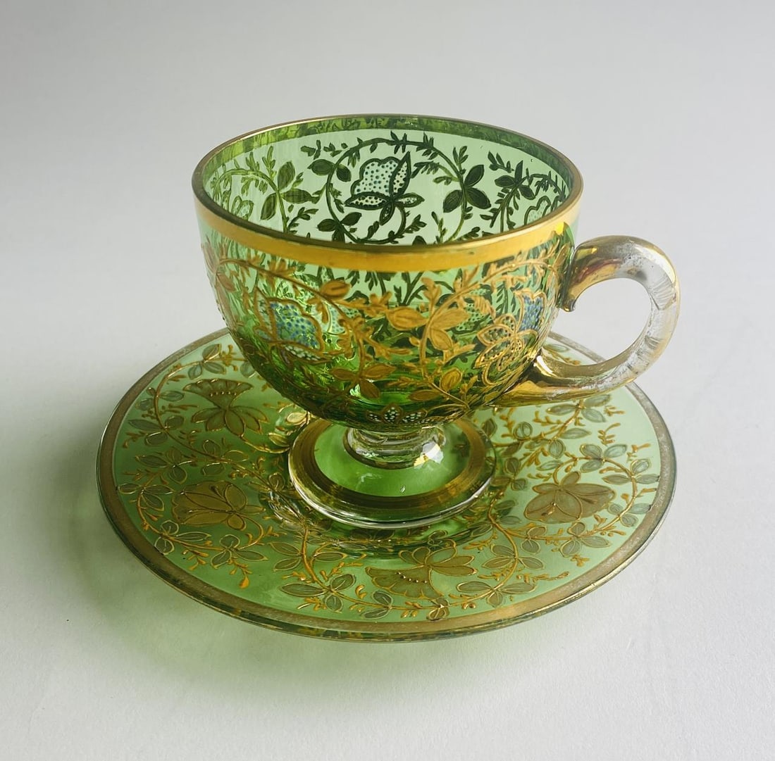Moser Bohemian Enameled Green Glass Cup & Saucer (1 of 4)