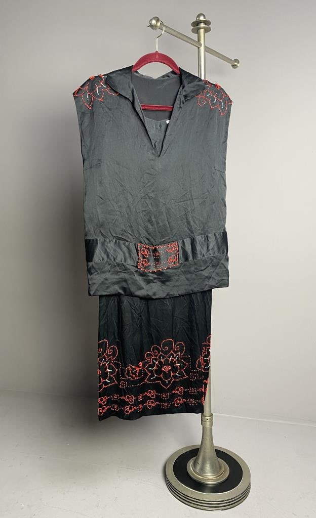 1920s Red Beaded Black Silk Evening Dress: Black silk satin with red and crystal beadwork. Chest 30", waist 36", length 40" SHIPPING:In-Hou
