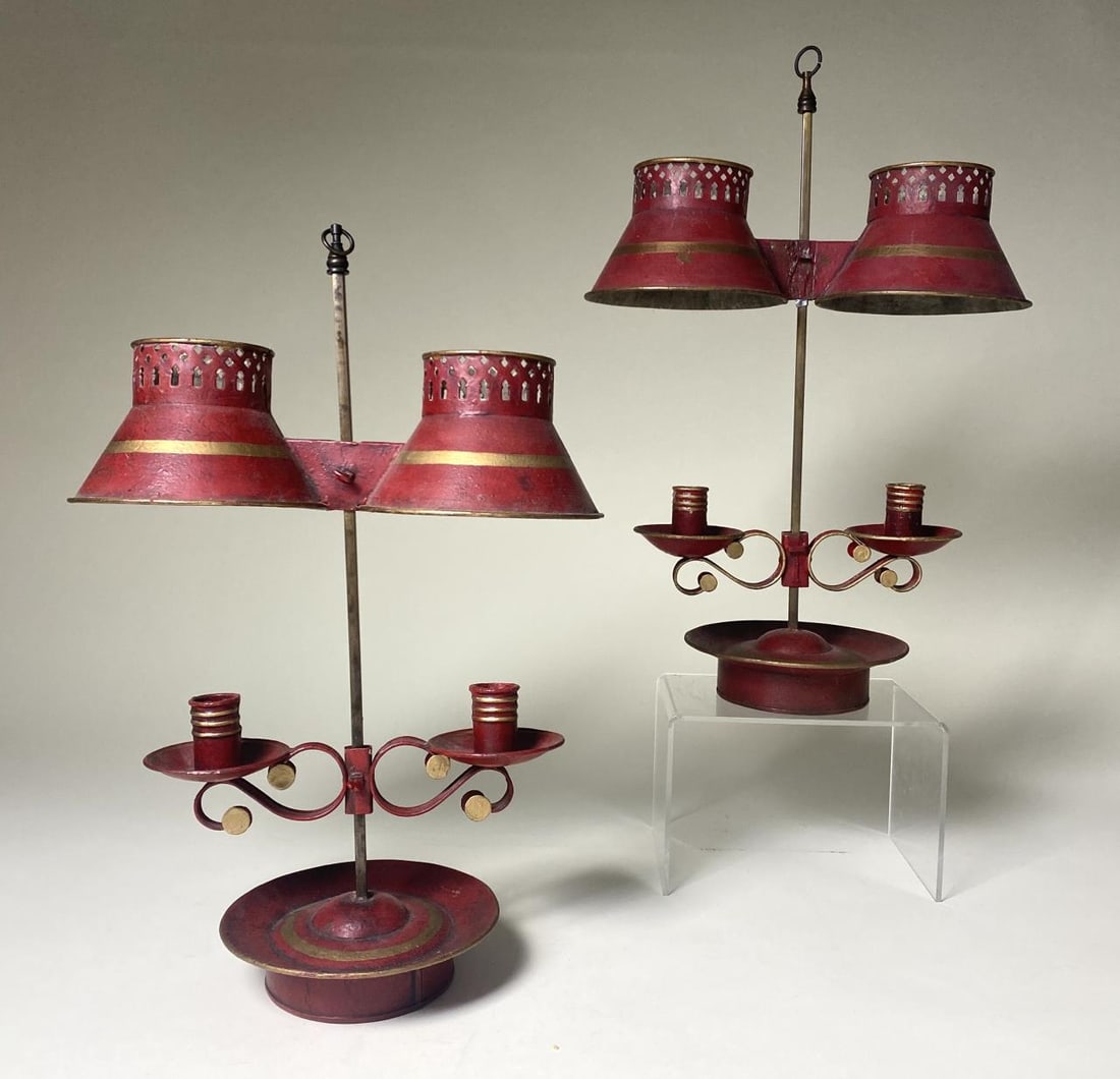 Pair Antique French Red Tole Buillote Candle Lamps (1 of 9)