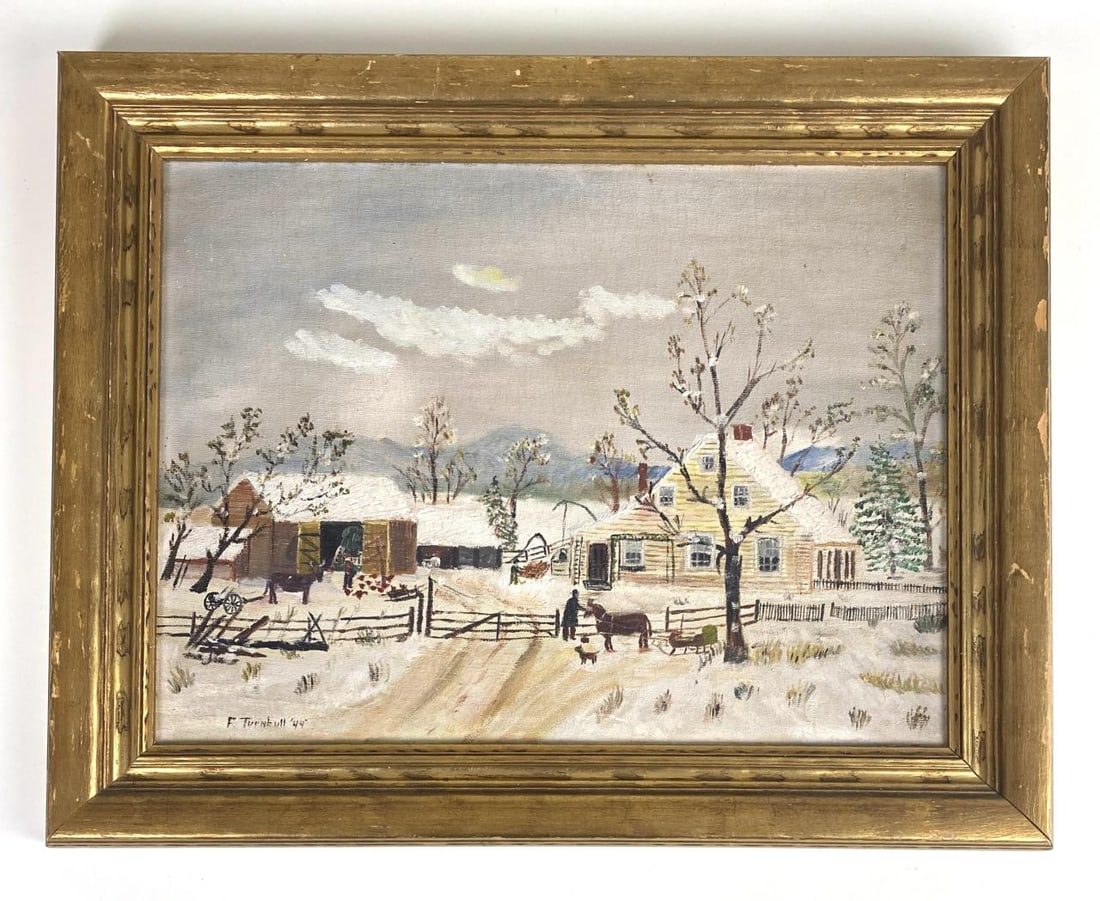 Winter Farm Scene Folk Art Oil on Canvas 1944: Folk art painting in oil on canvas panel signed lower left "F. Turnbull '44". It depicts a winter farm scene. Gilt wood period frame. Framed size 19-1/2" x 15-3/4".