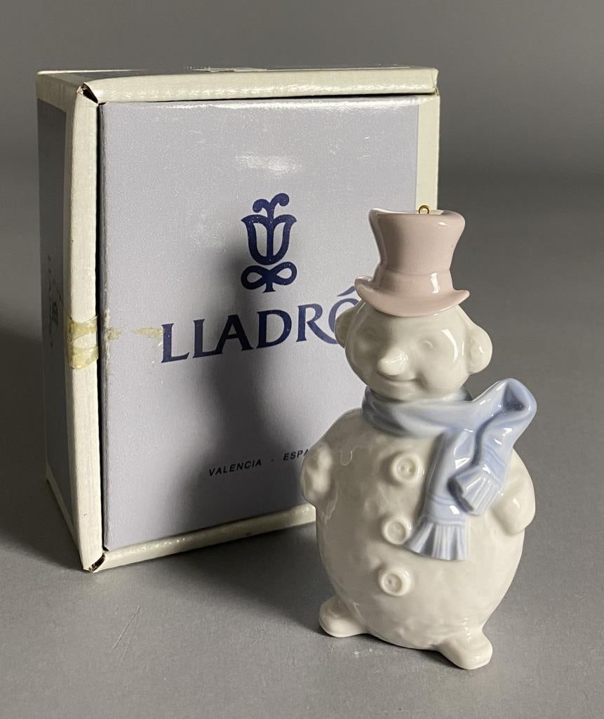 Lladro Porcelain Snowman Ornament 5841 with Box: Porcelain snowman ornament dated 1991. Height 4". SHIPPING:In-House Shipping Available. Please r