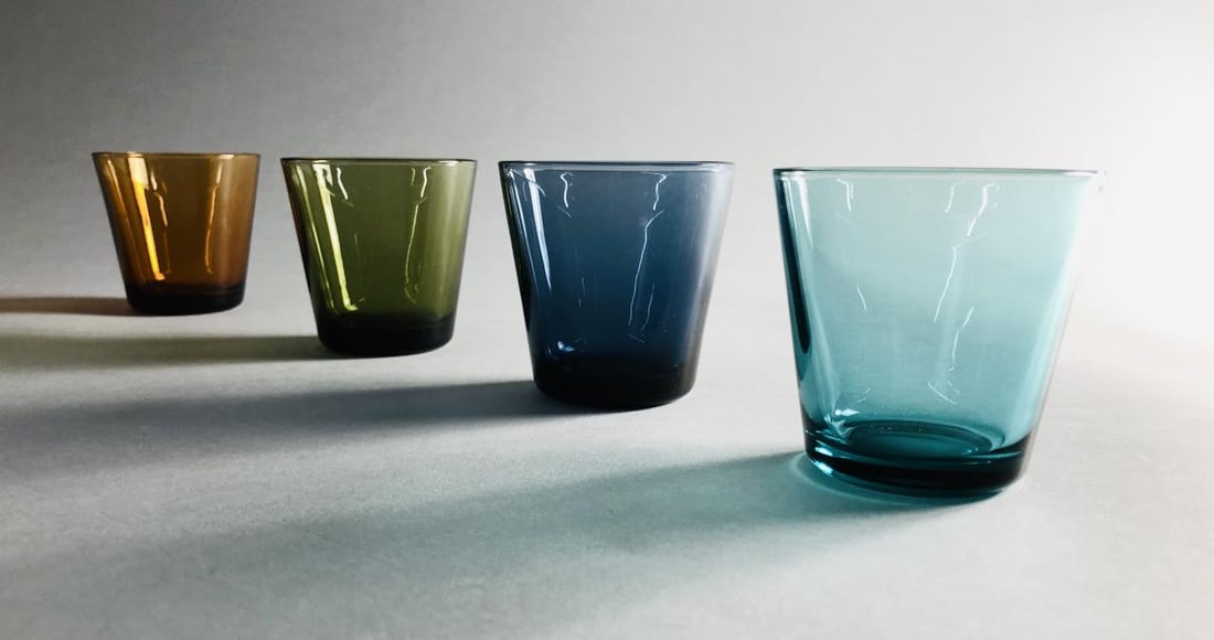 4 Iittala Kartio Tumblers Kaj Franck c. 1958: Set of 4 Iittala (Nuutajarvi Notsjo) Kartio tumblers, designed by Kaj Franck (Finnish 1911-1989) in 1958, impressed mark on underside of each glass, 3-3/16" in height.