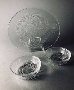 Goran & Ann Warff Glass for Kosta Boda 1970s: Three pieces of vintage Swedish art glass from Kosta Boda, designed by Goran Warff (Swedish 1933-2022) and Ann Wolff (Warff) (German 1937-), bowls are 5-1/2" D each, the platter is 13-1/2" L x 11" W.