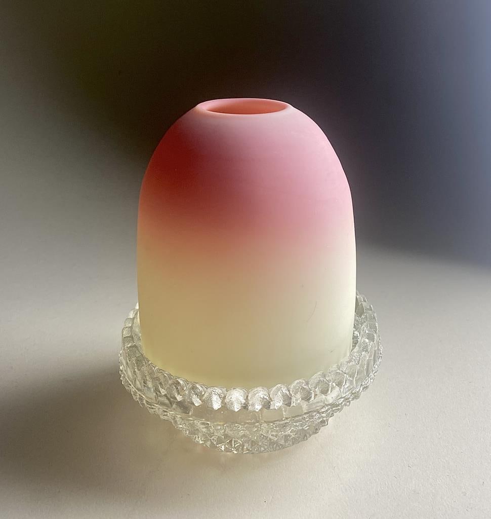 Thomas Webb Burmese Peach Satin Glass Fairy Lamp: Victorian Fairy Lamp night light in peach satin Burmese glass on a Clarkes pressed glass stand. Height 4-7/8".