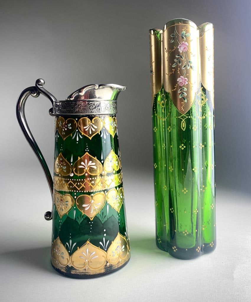 Green Bohemian Art Glass Gilt and Enamel Detail (1 of 7)