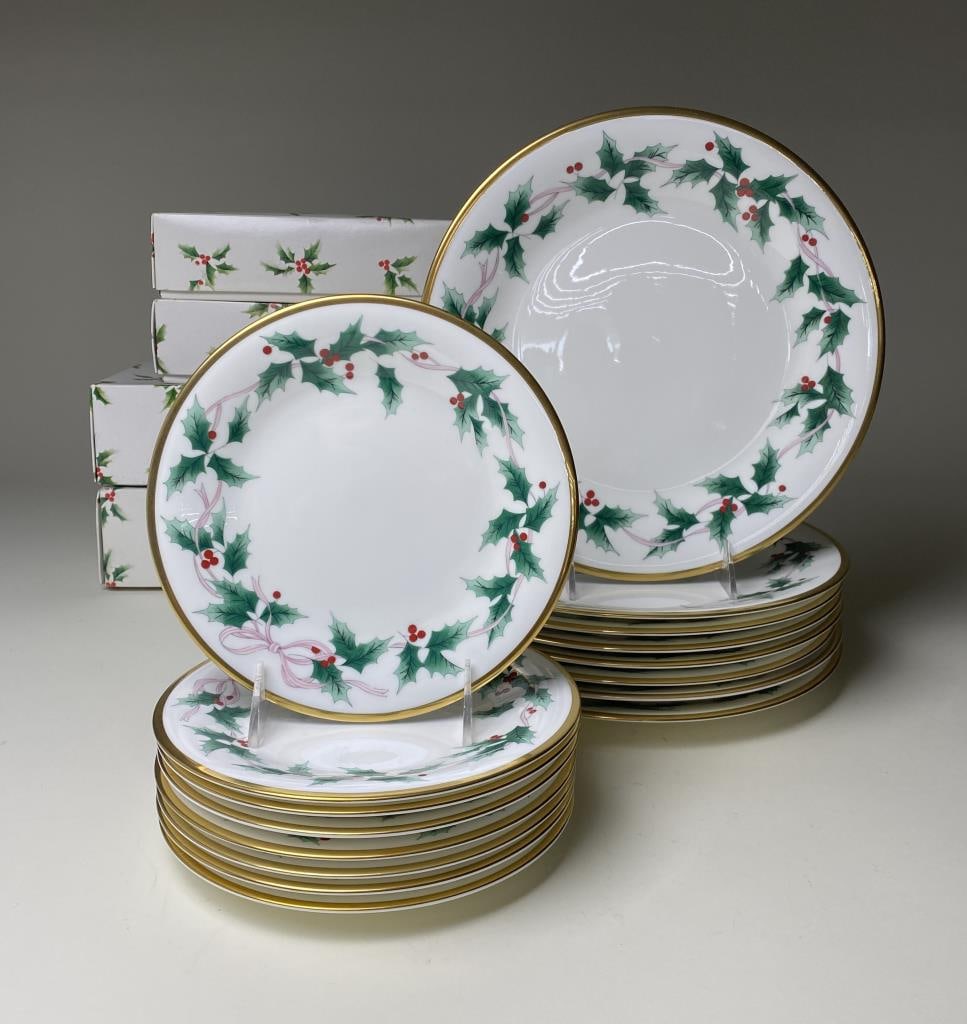 Mikasa "Ribbon Holly" Hoilday Bone China for 8: Includes (8) 10-5/8" dinner plates and (8) 7-5/8" salad plates. SHIPPING:In-House Shipping Avail
