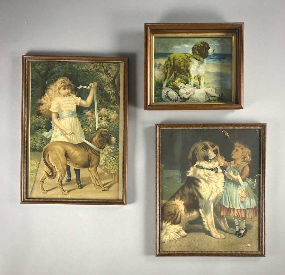3 Victorian Chromolithographs Dogs & Girls (1 of 4)