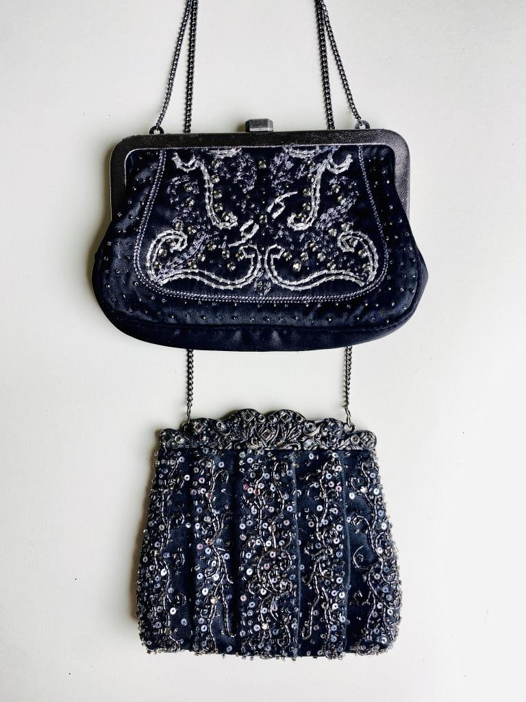 Nicole Miller, Roz & Sherm Beaded Evening Bags: 2 vintage beaded evening bags in black with pewter grey embellishment and fittings. The first is from Roz & Sherm, a crossbody with a 23" drop chain, the bag measuring 5-1/2" x 6". The second is by Ni