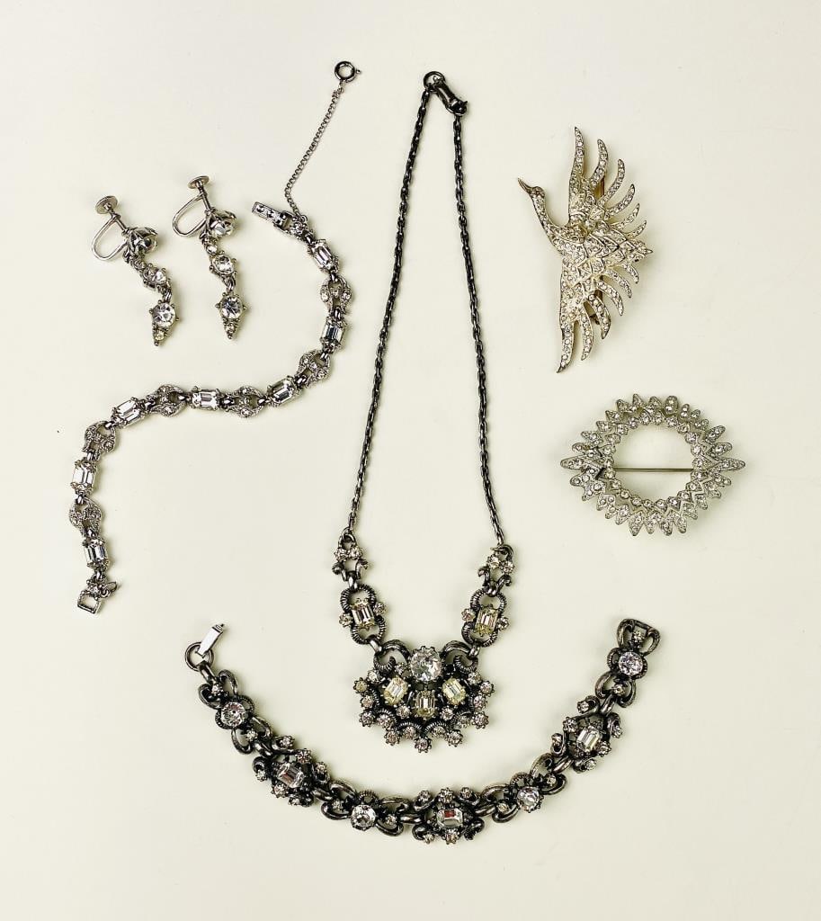 Midcentury Rhinestone Jewelry - Bogoff, Coro...: Includes a necklace and bracelet set marked "Coro", dangling earrings and a bracelet marked "Bogoff", a sterling vermeil crane in flight brooch marked "Sterling B B" and an unmarked sunburst circle pi