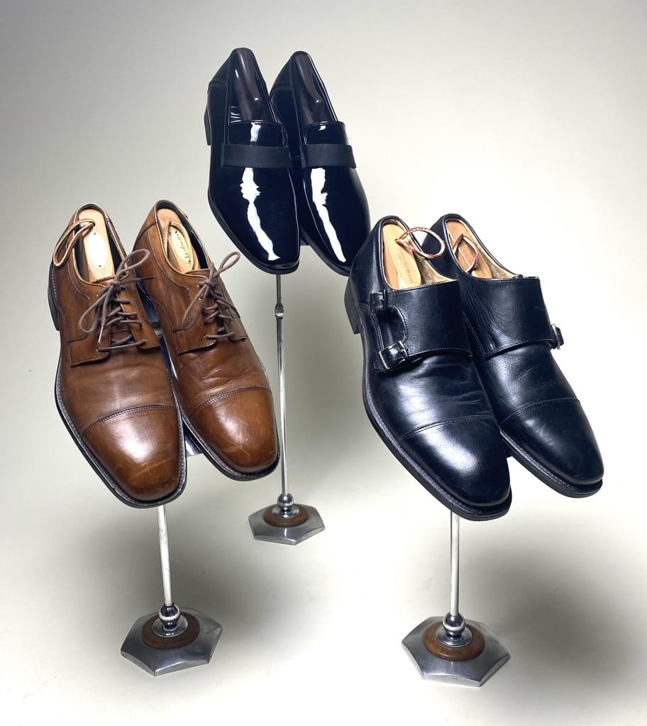 3 Pairs Vintage Fine Gentleman's Shoes: Includes a pair of of brown leather cap toe shoes from Johnston & Murphy size 10-1/2M, a pair of black leather double monk strap shoes from Claiborne size 10M and a pair of black patent an grosgrain t
