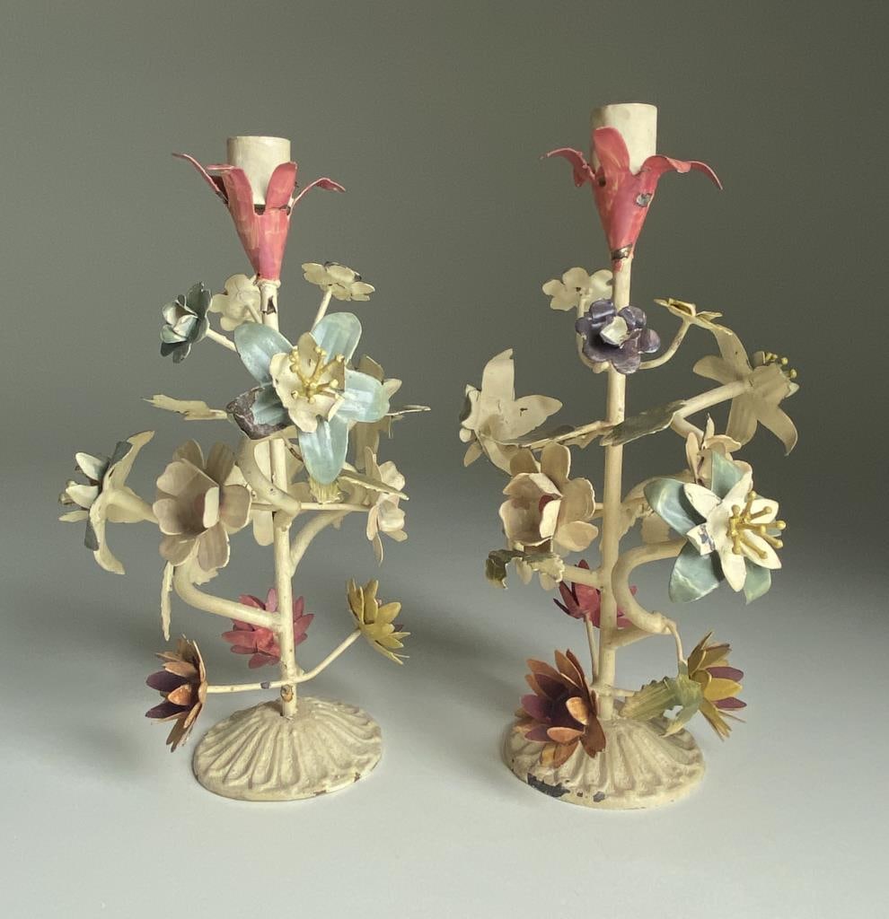 Tole Painted Floral Wrought Iron Candleholders (1 of 4)