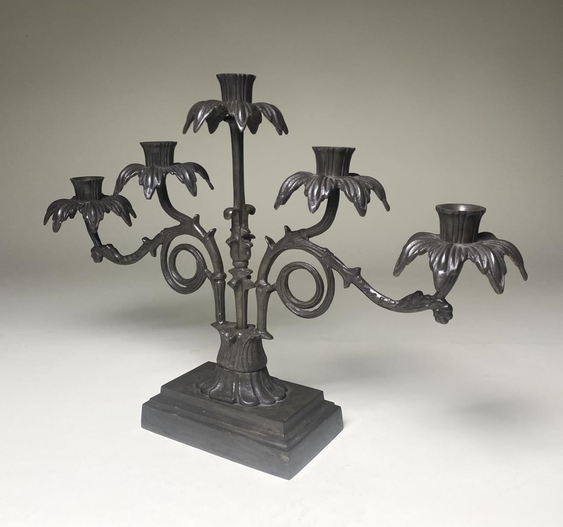 Patinated Bronze 5 Arm Candelabra: Heavy cast bronze or brass candelabra. Height 14-1/2", width 21-1/2". SHIPPING:In-House Shipping