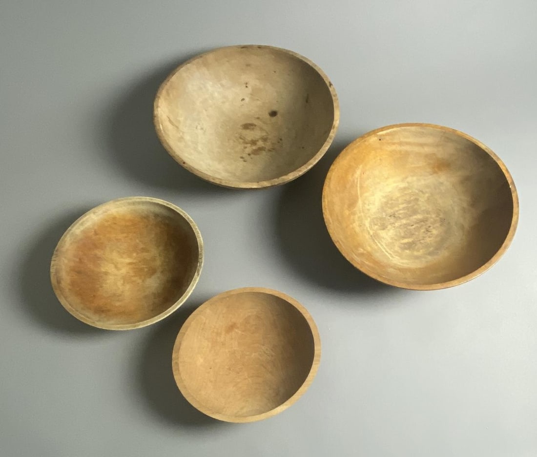4 Primitive Large Turned Wooden Bowls (1 of 4)