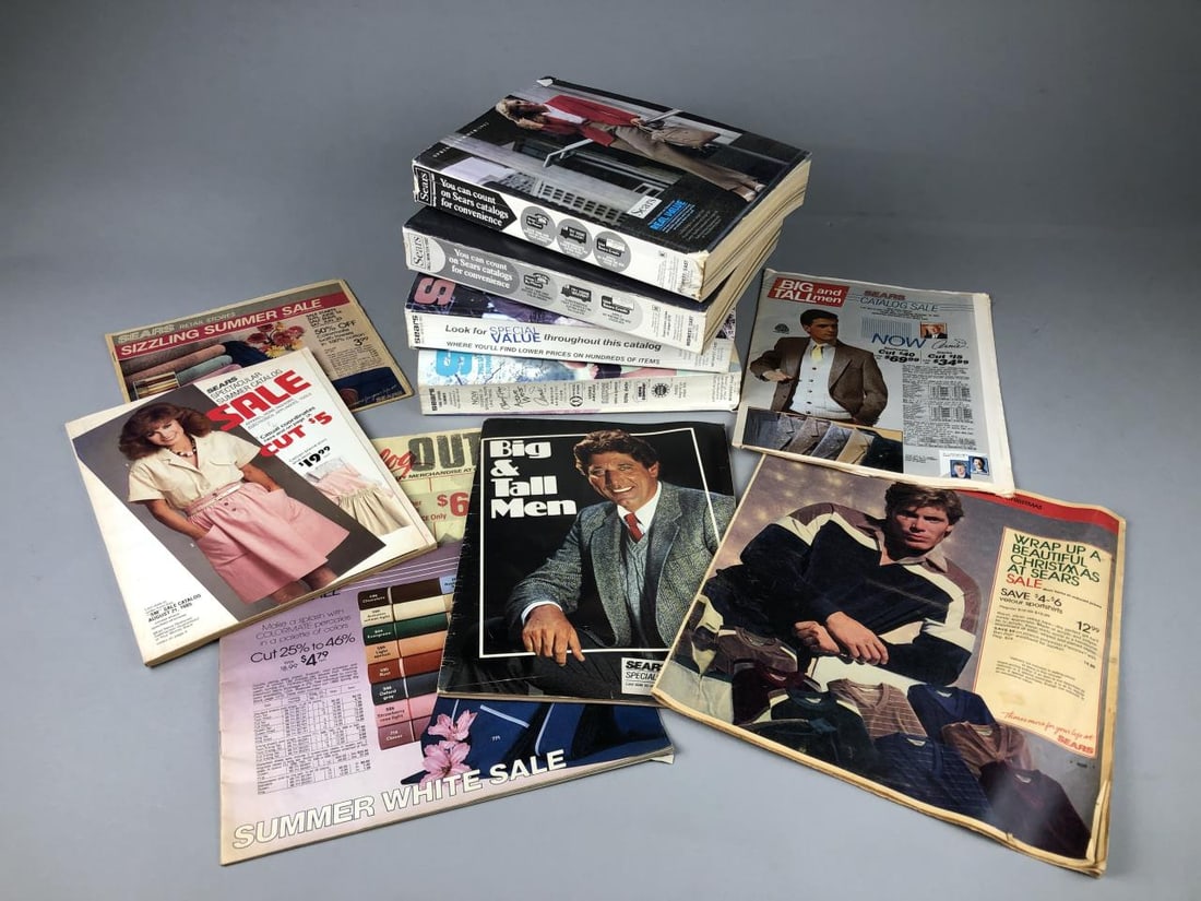 1982 & 1983 Sears Catalogs: Sears Spring and Summer 1982, Sears Fall and Winter 1982, Sears Spring and Summer 1983, Sears Fall and Winter 1983, plus several other smaller Sears catalogs, mailings, and newspaper supplements, more