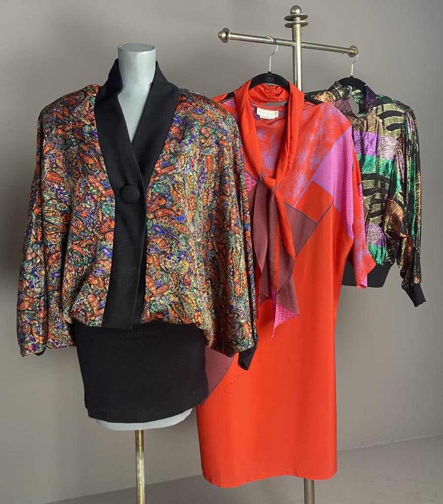 Three Circa 1980s with Dolman Batwing Sleeves: Includes two dresses and a blouse, all marked sizes 10-12 as shown in photos. SHIPPING:In-House