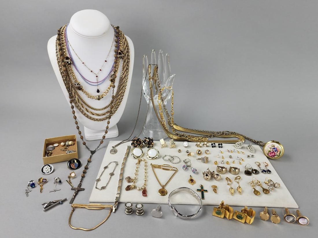 Costume Necklaces, Earrings, Bracelets, Rosary...: Trifari, Monet, J Jill, Banana RepublicShortest necklace is 16'', longest is 34''. Starter studs, cufflinks, tie bars and tie pins, charms.Single earrings
