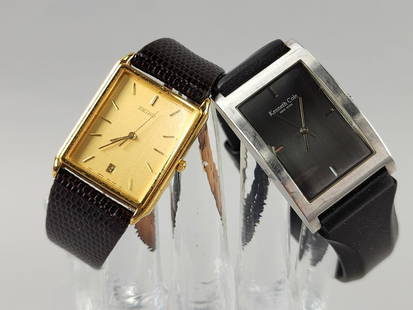 Seiko 7N32-5A09 & Kenneth Cole KC1127 Watches: Seiko gold dial, brown leather band, backing on band is coming up, not running, may need battery.Kenneth Cole New York with polyurethane black band, running. From the collection of Kenneth Beachler.