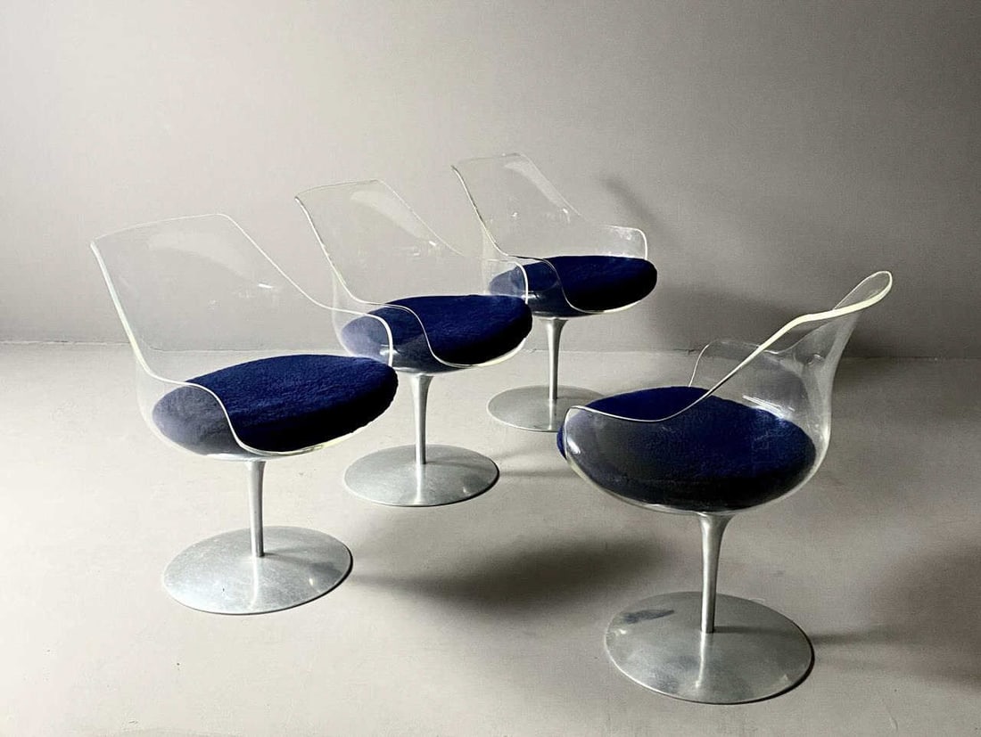 4 Laverne International "Champagne" Chairs: Set of 4 midcentury modern Plexiglass or Lucite "Champagne" chairs designed in 1962 for Laverne International by Erwine and Estelle Laverne ( American 1909-2003 and 1915-1997). Navy blue fur textured