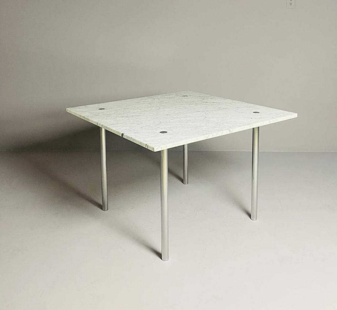 Erwine & Estelle Laverne Marble Dining Table: Midcentury modern marble and chrome dining table from Erwine and Estelle Laverne (1909-1923) (1915-1997). Circa 1950s, design by William Katavolos (1924-2020), Ross Littell ( 1924-2000) and Douglas Ke