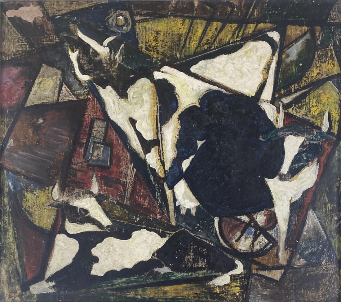 William E. Hentschel Casein on Board "Cows" 1949: William Ernst Hentschel (American, Ohio, 1892-1962). Casein painting on masonite board titled "Cows". Unsigned. Provenance: From a private collection, part of an exhibition of Hentschel's work at the 