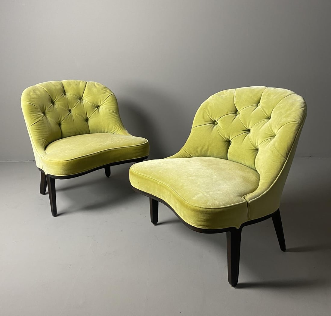 Pair Edward Wormley "Janus" Chairs for Dunbar: Edward Wormley (American, 1907-1995) pair of "Janus" slipper chairs. They appear to be in their original velvet upholstery with brass "Dunbar Berne Indiana" tags on the undersides. Back height 29", se