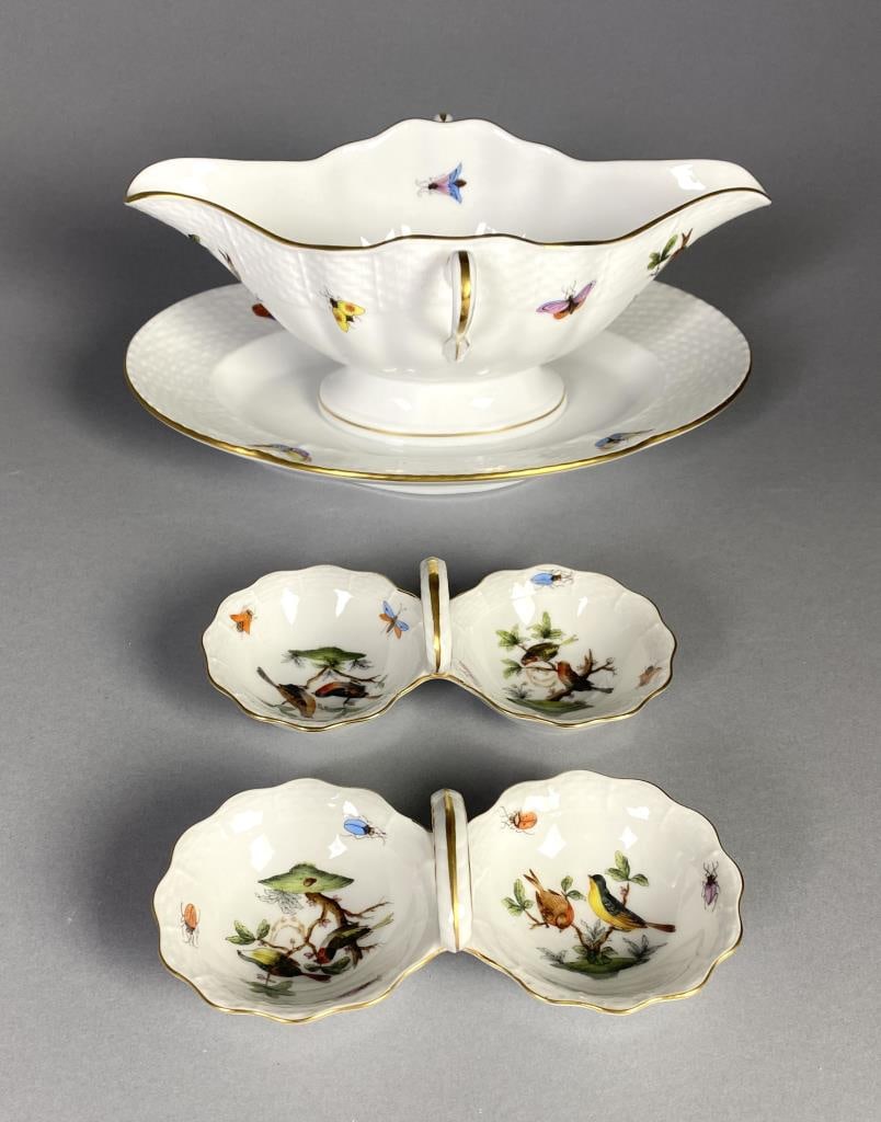 Herend Rothschild Bird Gravy Boat & Twin Salt Dips: Three table service pieces of Herend "Rothschild Bird": porcelain gravy boat with attached underplate (#234), and (2) porcelain twin salt dips with center handles (#253); all pieces with manufacturer'