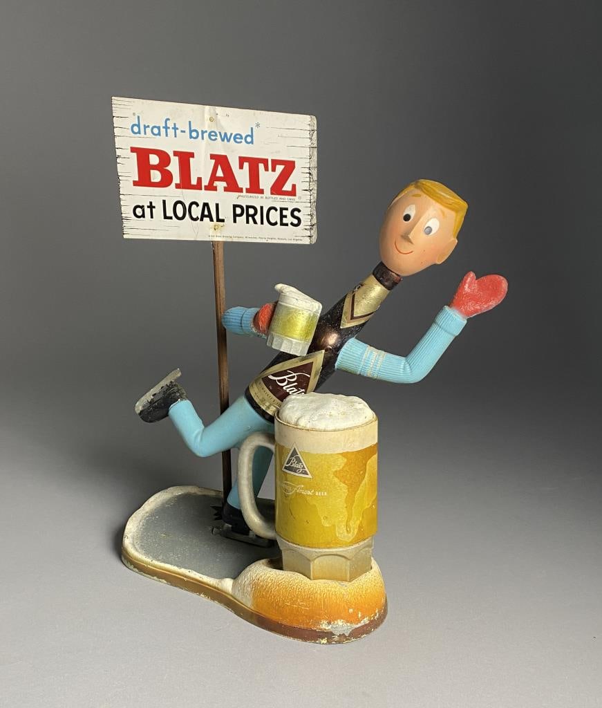 Blatz Beer 1950s Metal Ice Skater Bar Display: All metal cast aluminum Blatz Beer bottle man ice skater bar display circa 1950s. Height 18-1/4".