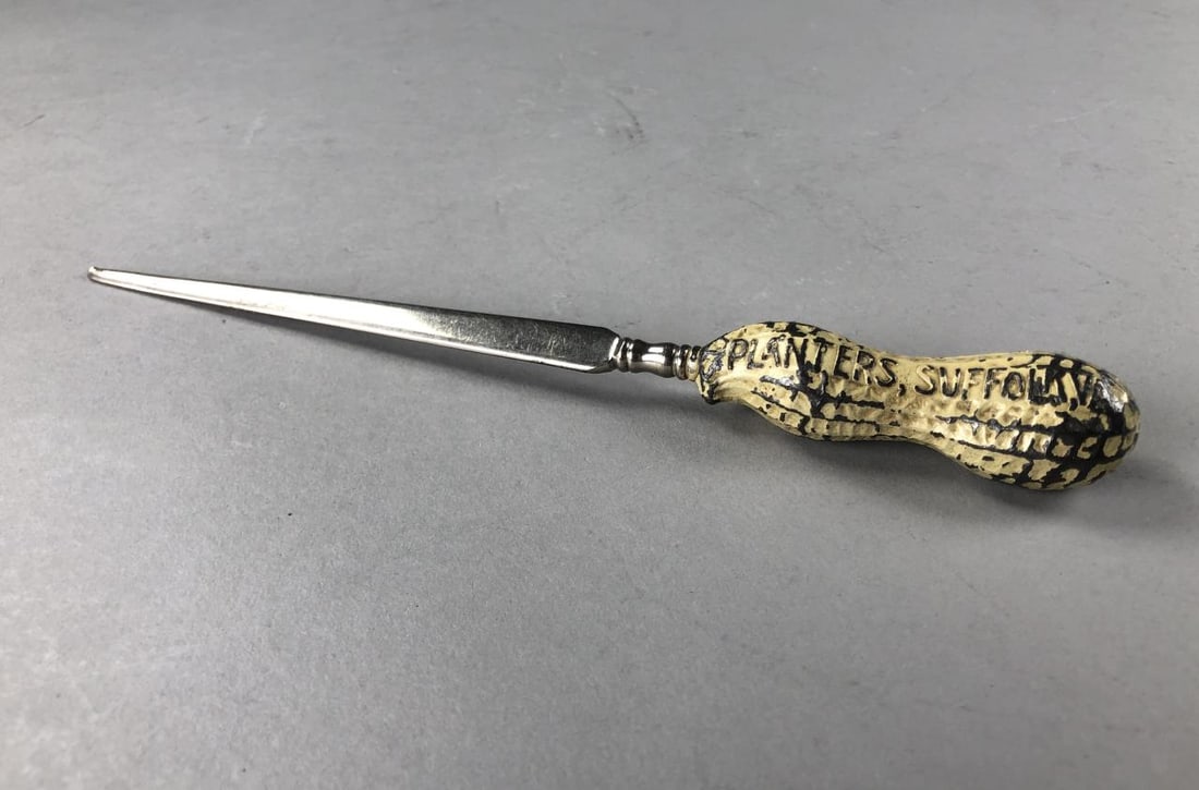 Planters Peanut Letter Opener Suffolk, VA Virginia: Planters Peanut letter opener, marked "Planters, Suffolk, VA" (Suffolk Virginia), 8-7/8" L.