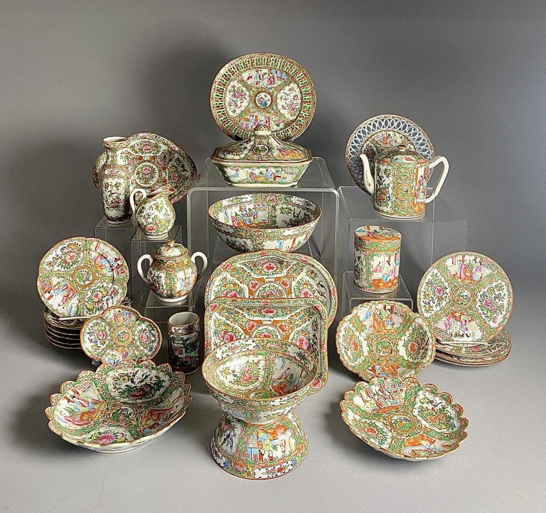 Assembled Collection of Rose Medallion China: An assembled collection of Rose Medallion china dishes, dinnerware, serving pieces, and decorative accessories of various shapes, sizes, and ages, including: salad, dessert, or luncheon plates (4) 7-1