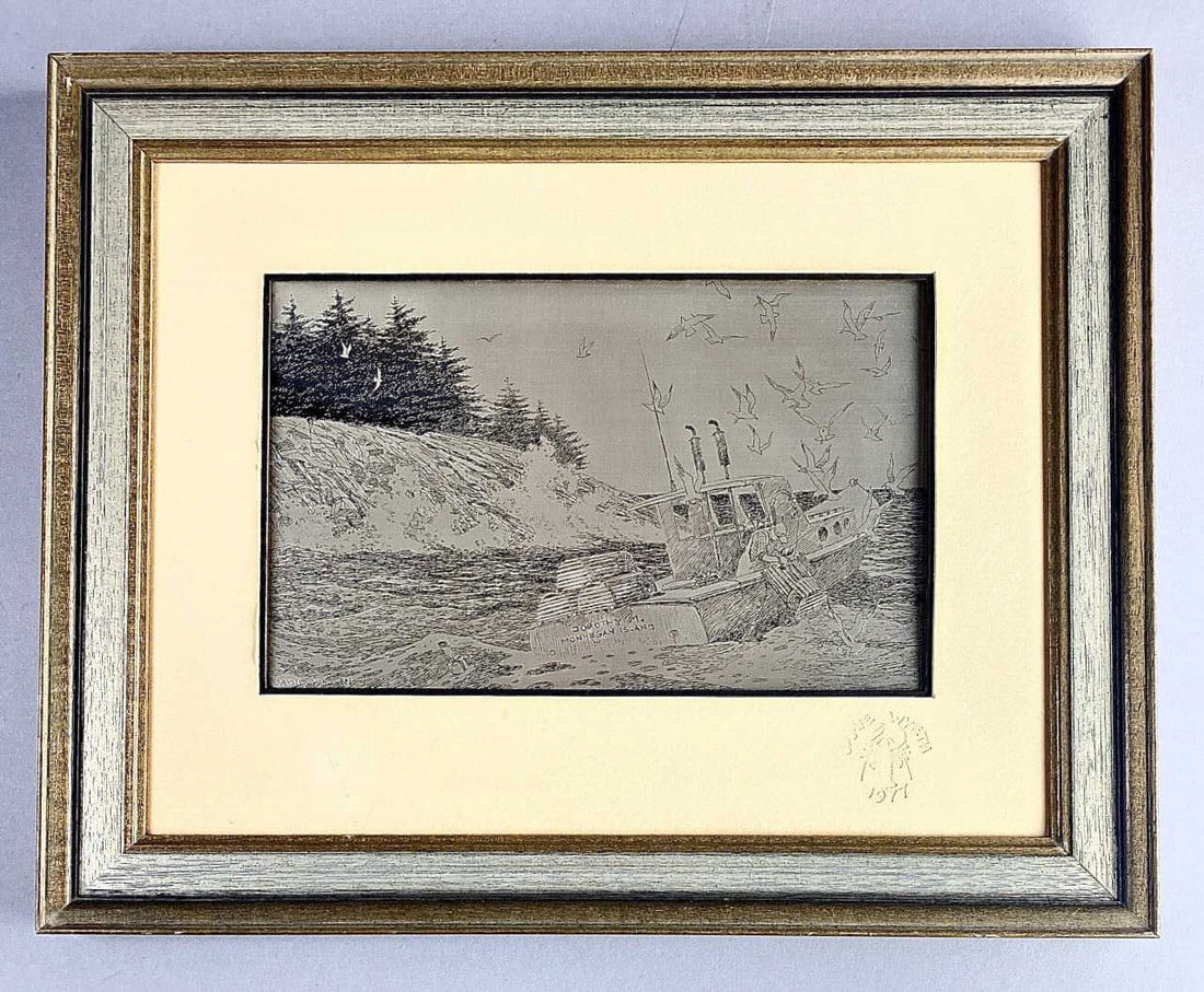 Jamie Wyeth Silver Etching "Coast of Maine": Jamie Wyeth (American, b. 1946) etching on sterling silver. Titled "Coast of Maine", circa 1977. View size 12" x 7-1/2", framed size 19-7/8" x 15-3/4". Signed lower left. Certificate of authenticity o