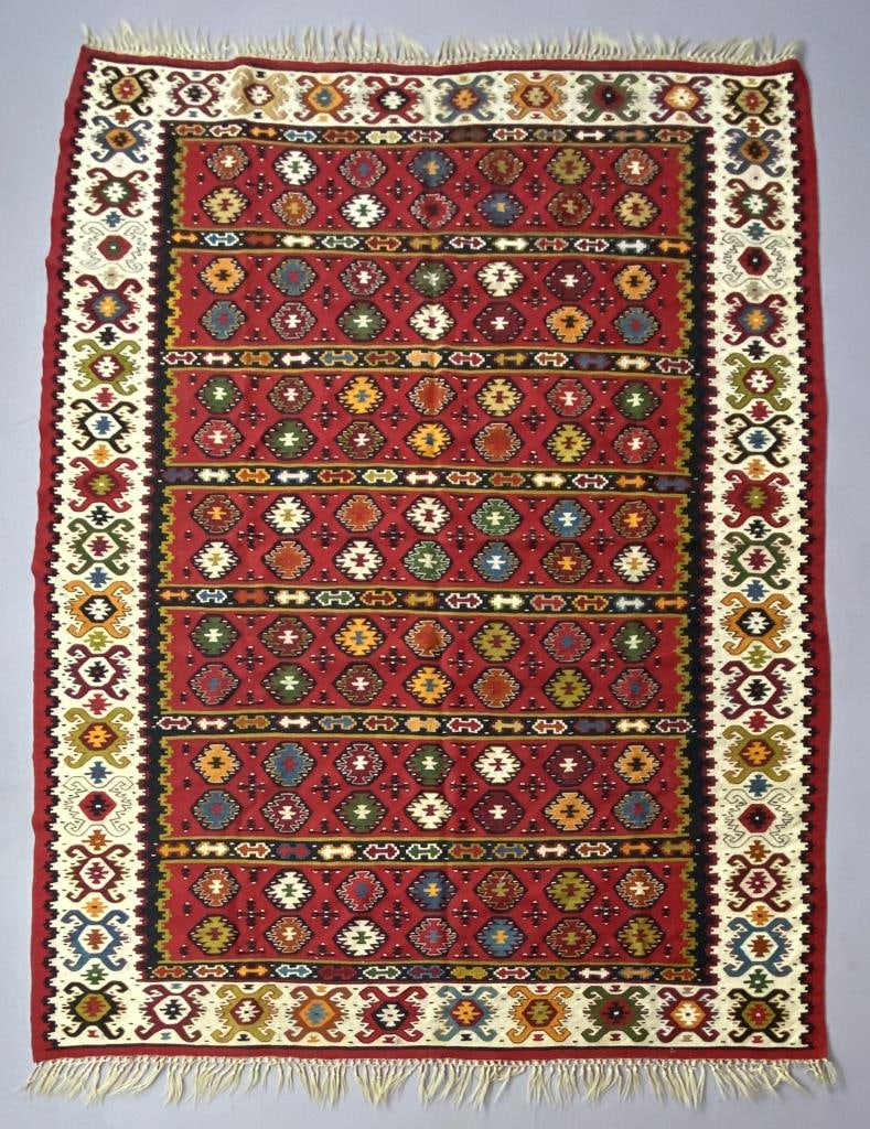 Antique Pirot Kilim Rug from Serbia or Turkey: Hand made flatwoven wool Pirot Kilim circa early 20th century, Serbian or Turkish. Measures 7'-8" x 5'-9" excluding the fringe.
