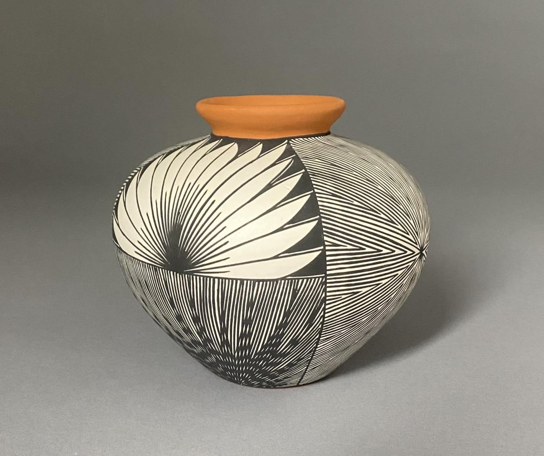 Acoma Fineline Pottery Jar by Dorothy H. Sanchez: Native American, Southwestern United States, New Mexico, Acoma Pueblo, coil pottery vessel or jar, thin-walled with fine line decoration, by Dorothy H. Sanchez, signed on underside, circa mid to late 