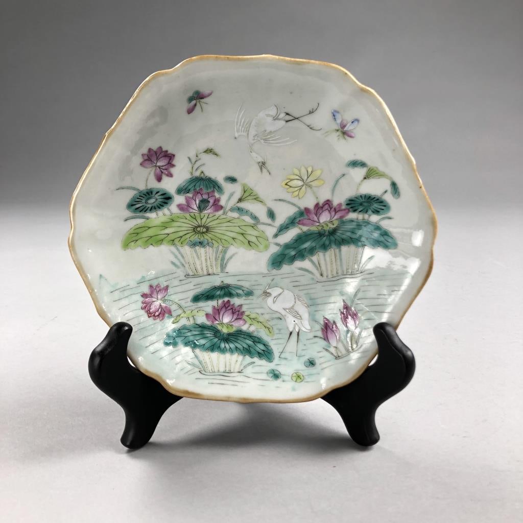 Chinese Straits Nonya Ware Dish with Water Lilies: Footed dish, Chinese Straits or Nonya ware, made for the Peranakan Market, Famille Rose with water Lillie's and cranes, polychrome enameled decorated export porcelain, marked on bottom, Qing Dynasty, 