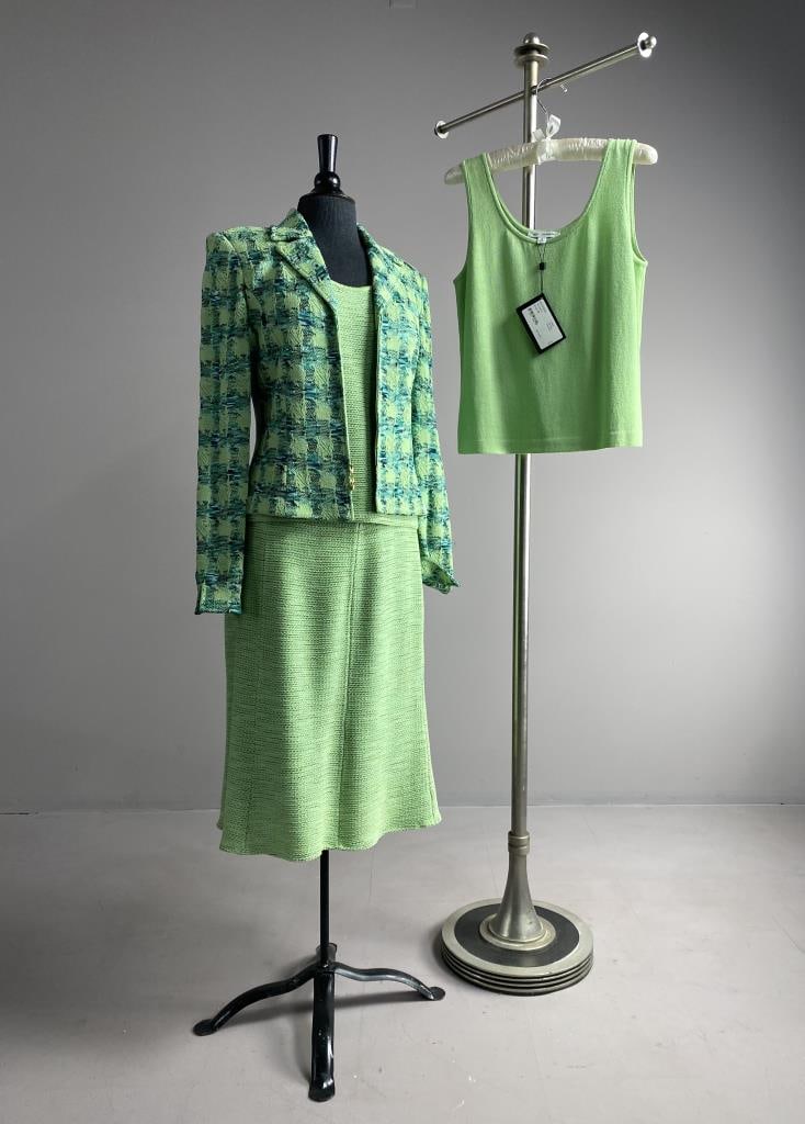 St. John Collection Knitwear Skirt Suit: Colorful St. John Collection by Marie Gray Skirt suit, skirt is 28" long and size 10, matching sleeveless top, 22" long, size S, and zippered jacket, size 8, 22" long, and additional solid color sleev