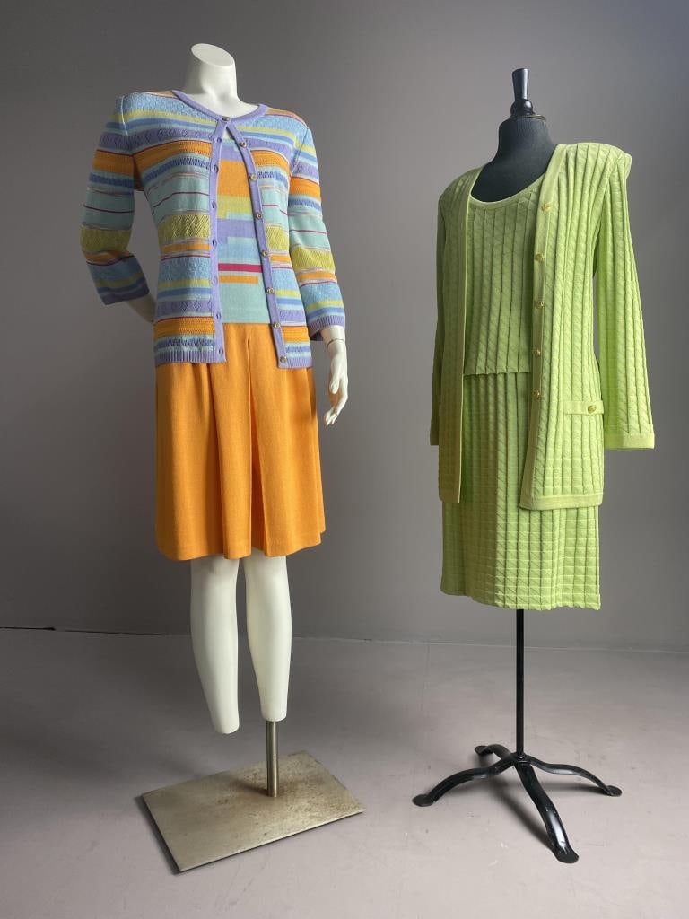 St. John Knitwear Culottes Set & Skirt Suit: Four St. John Collection by Marie Gray, and two St. John Sport knitwear items, a twin set, with 21" long 80% wool 20% rayon strappy tank top in size P (or S), and 24" long, size small 3/4 sleeve sweat