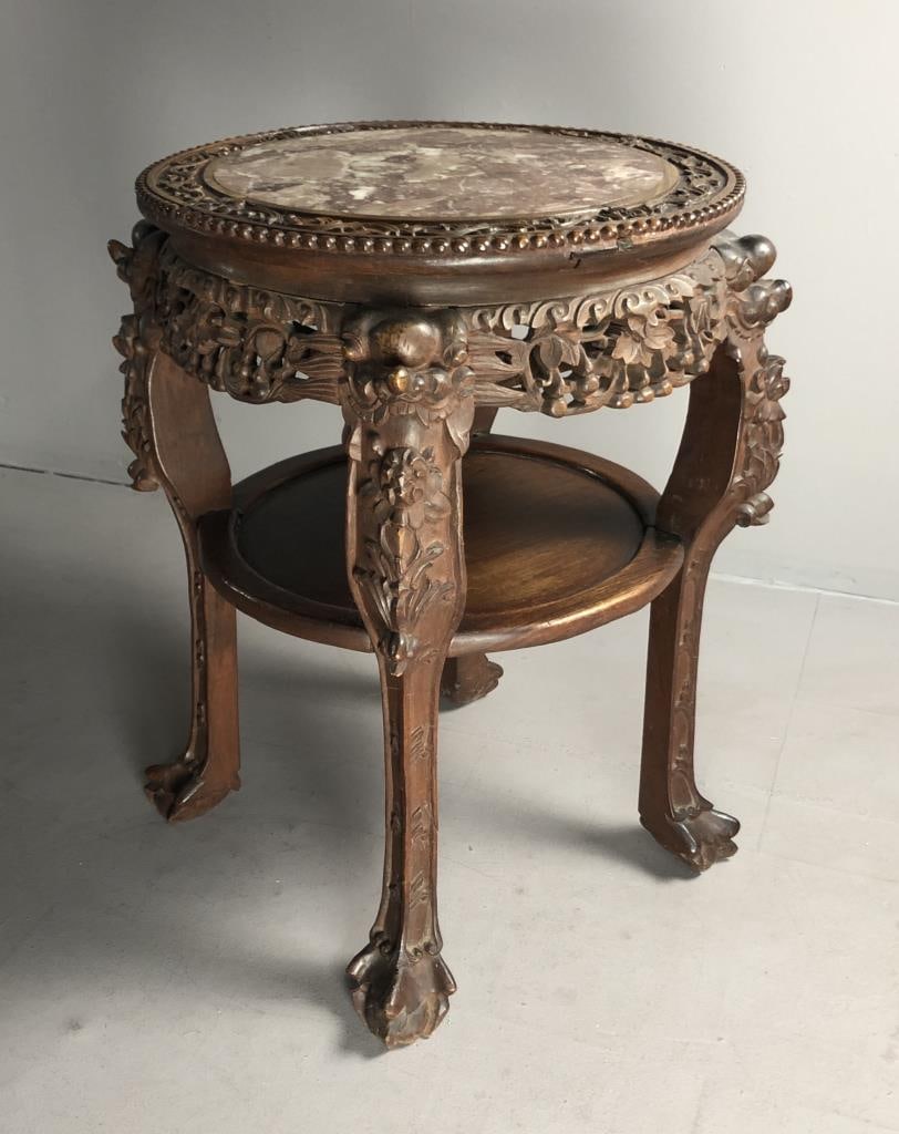 Antique Chinese Carved Table with Inset Marble: Antique Chinese carved hardwood, most likely either Rosewood or Teak Wood, with inset marble top, symbolic carving, and fretwork, Qing Dynasty, late 19th / early 20th Century, approximately 22" D x 26