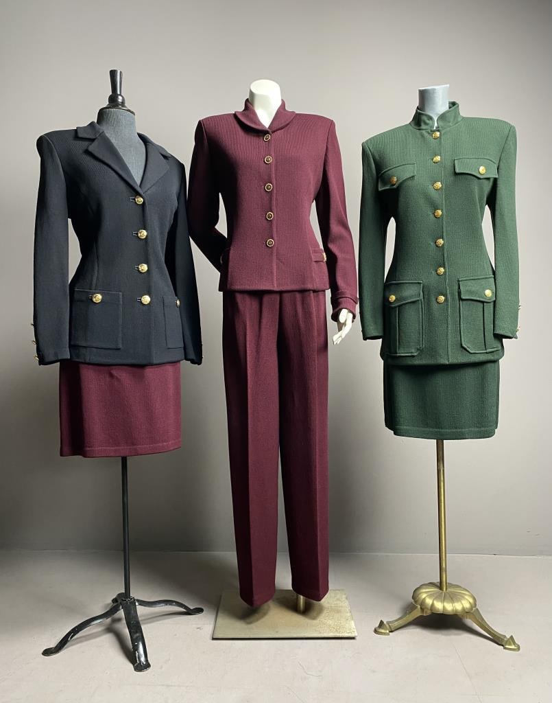 St. John Collection 2 Suits & Basics Jacket: St. John Collection by Marie Gray knitwear pantsuit with size 8 jacket and pants with 32" inseam, skirt suit with 28" long size 8 jacket and 22" long size 10 skirt, St. John Basics 28" long jacket in 